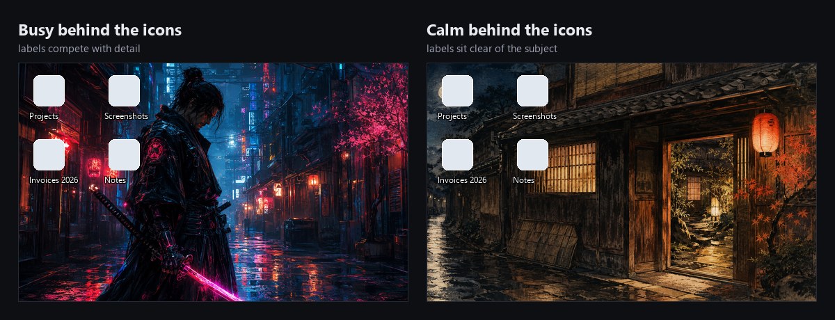 Desktop icons over a busy night scene compared with a calmer one