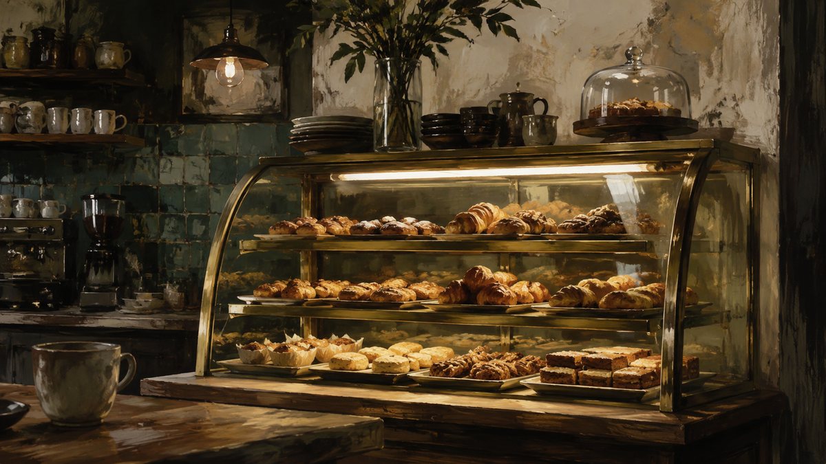 Warm painterly café interior with soft window light
