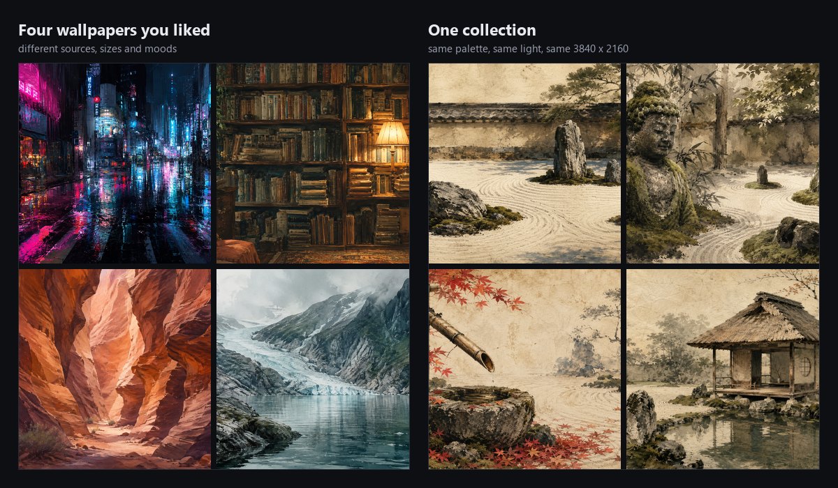 Four unrelated wallpapers compared with four from a single coherent collection