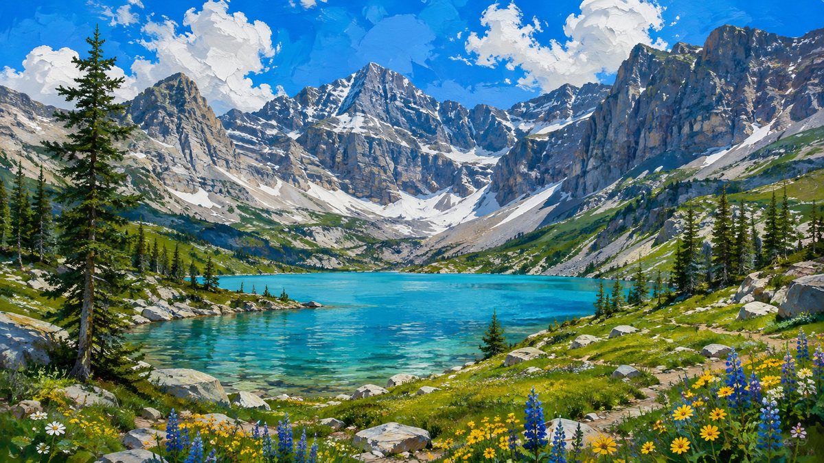 Painterly alpine meadow wallpaper on a desktop