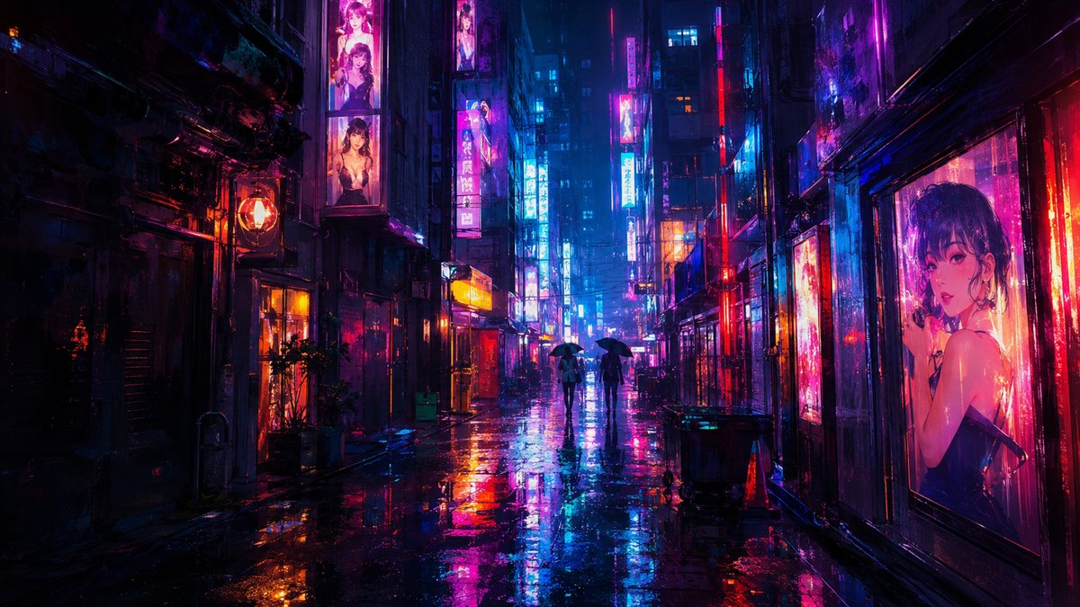 Neon-lit rainy Tokyo street, painterly cyberpunk wallpaper