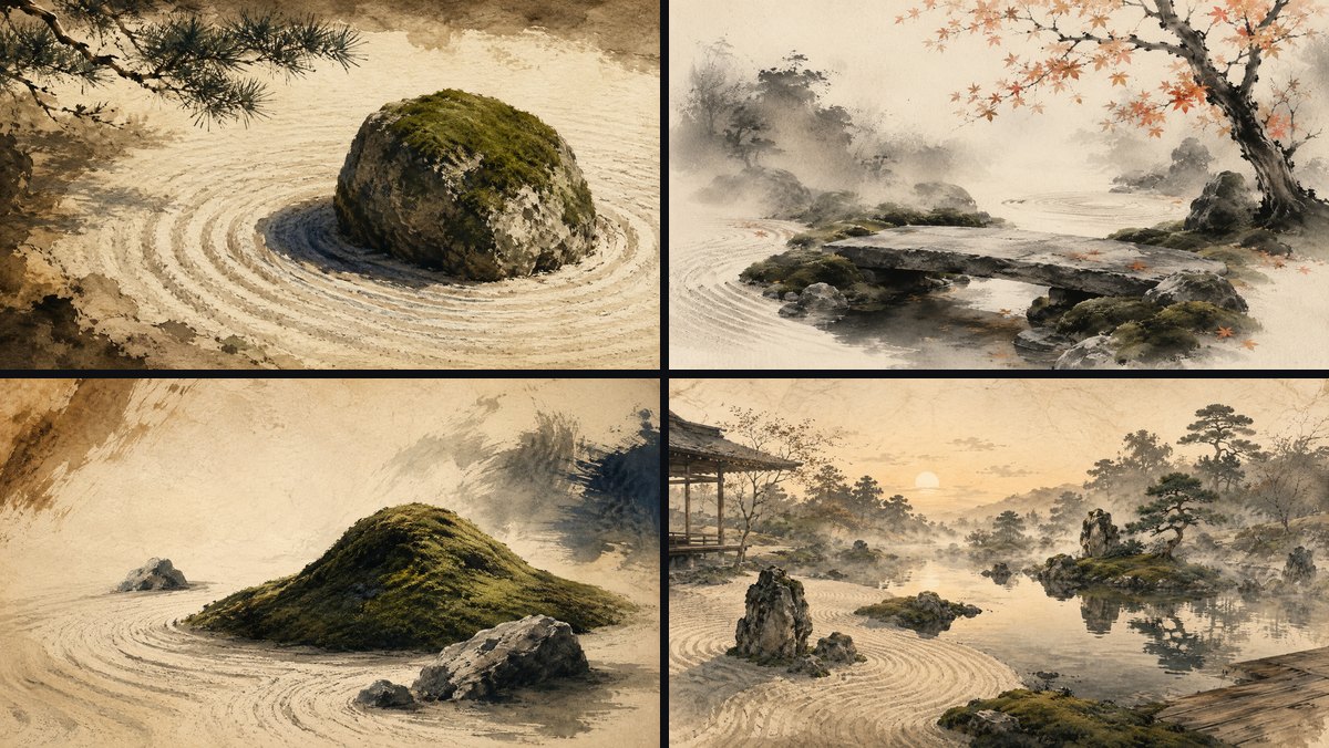 Four zen garden wallpapers from one collection, sharing a palette