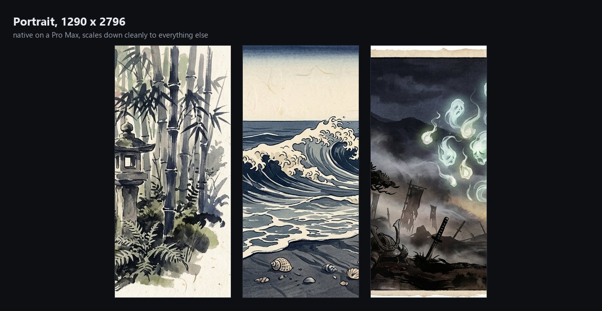 Three portrait phone wallpapers shown at true phone proportions