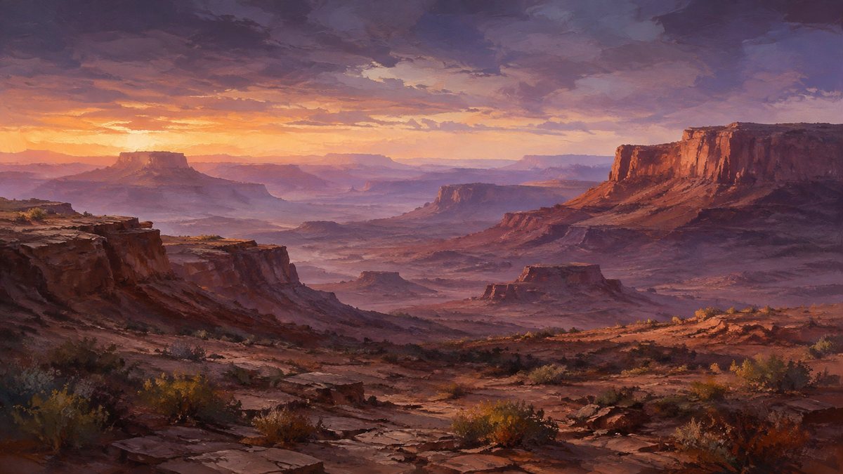 Painterly desert canyon at dusk, 4K desktop wallpaper