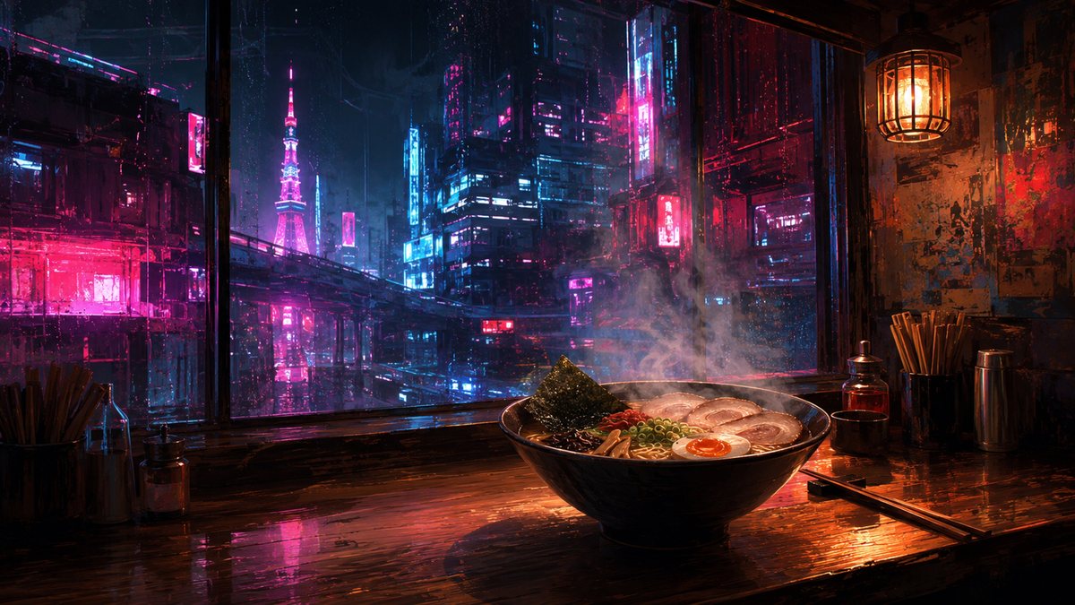 Neon-lit rainy street, painterly cyberpunk wallpaper