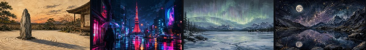 Four wallpaper styles shown side by side: zen garden, cyberpunk, nordic winter, celestial