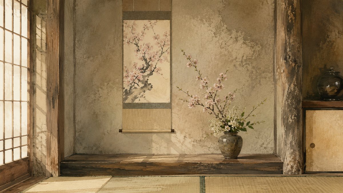 Tea utensils on tatami in soft daylight