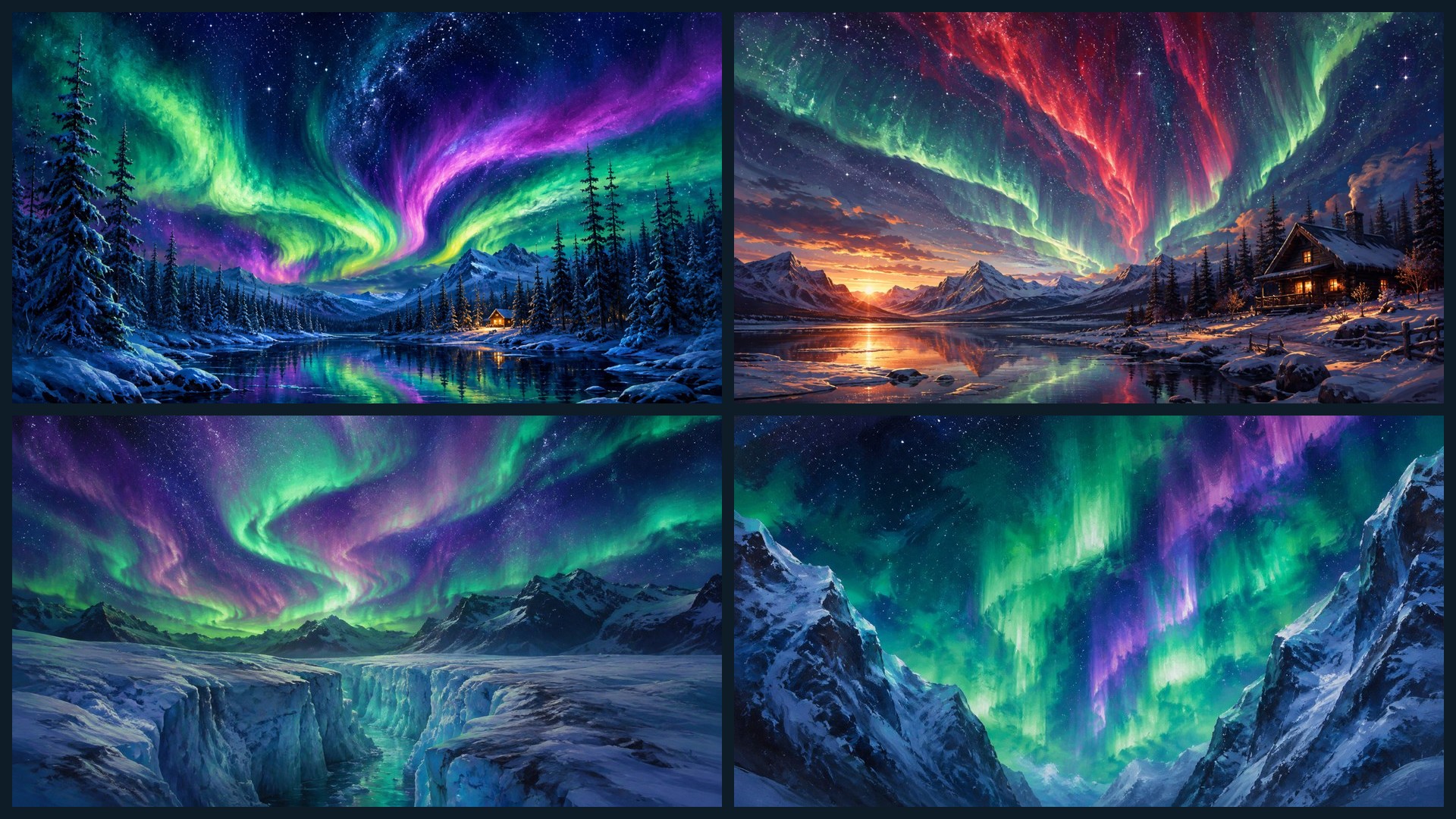 Four sample 4K wallpapers from 100 Aurora Borealis 4K Wallpapers — Painterly Northern Lights Aesthetic (Vol 50)