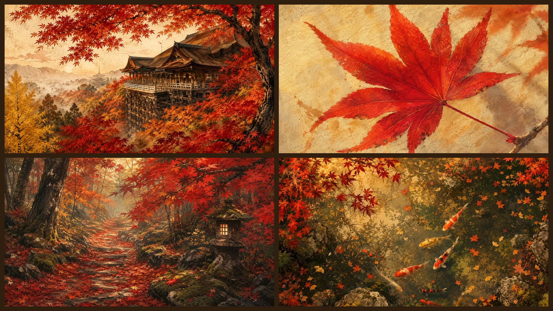 Four sample 4K wallpapers from 100 Autumn Kyoto Momiji Koyo 4K Wallpapers — Painterly Japanese Fall Aesthetic (Vol 24)