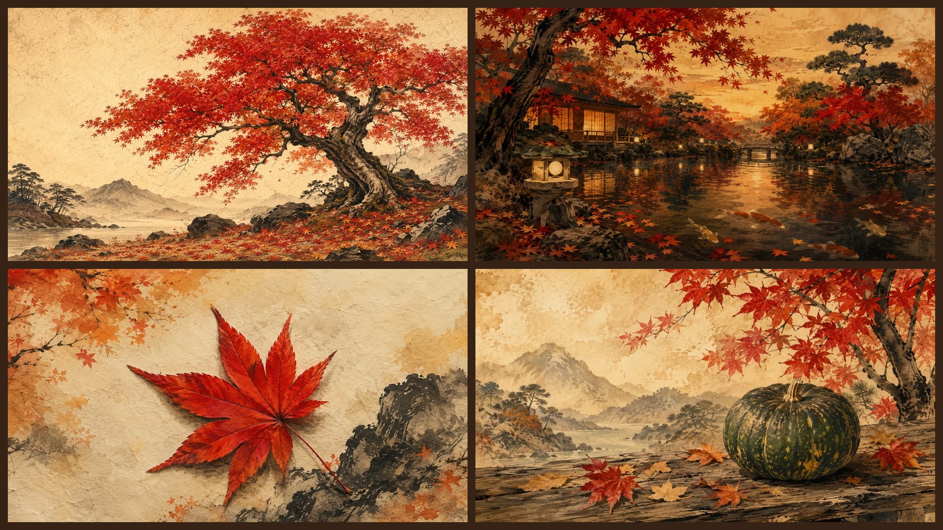 Four sample 4K wallpapers from 99 Autumn Momiji 4K Wallpapers — Japanese Maple Painterly Aesthetic (Vol 7)