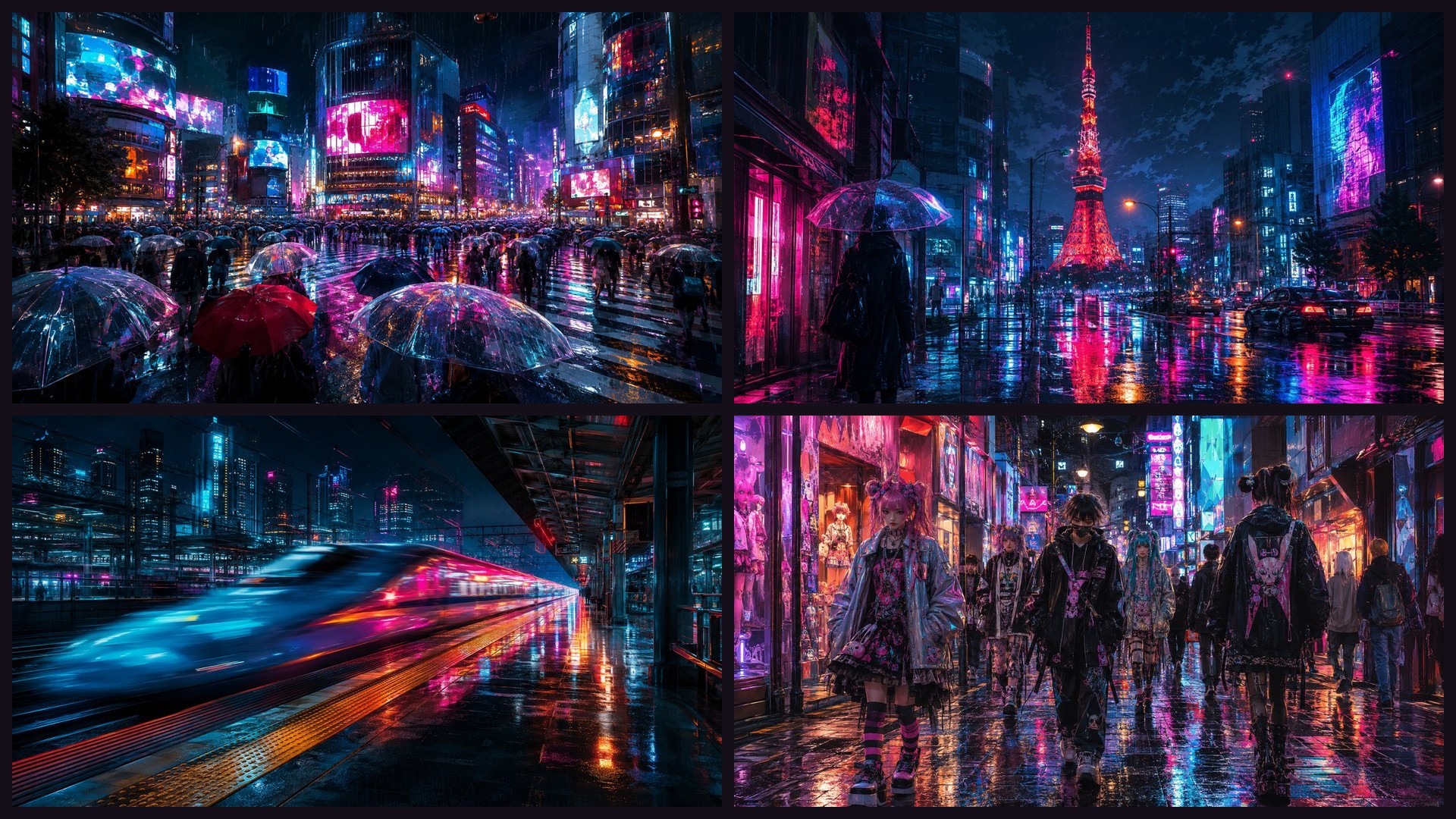 Four sample 4K wallpapers from 100 Cyberpunk Tokyo Neon 4K Wallpapers — Modern Painterly Cyberpunk Aesthetic (Vol 23)