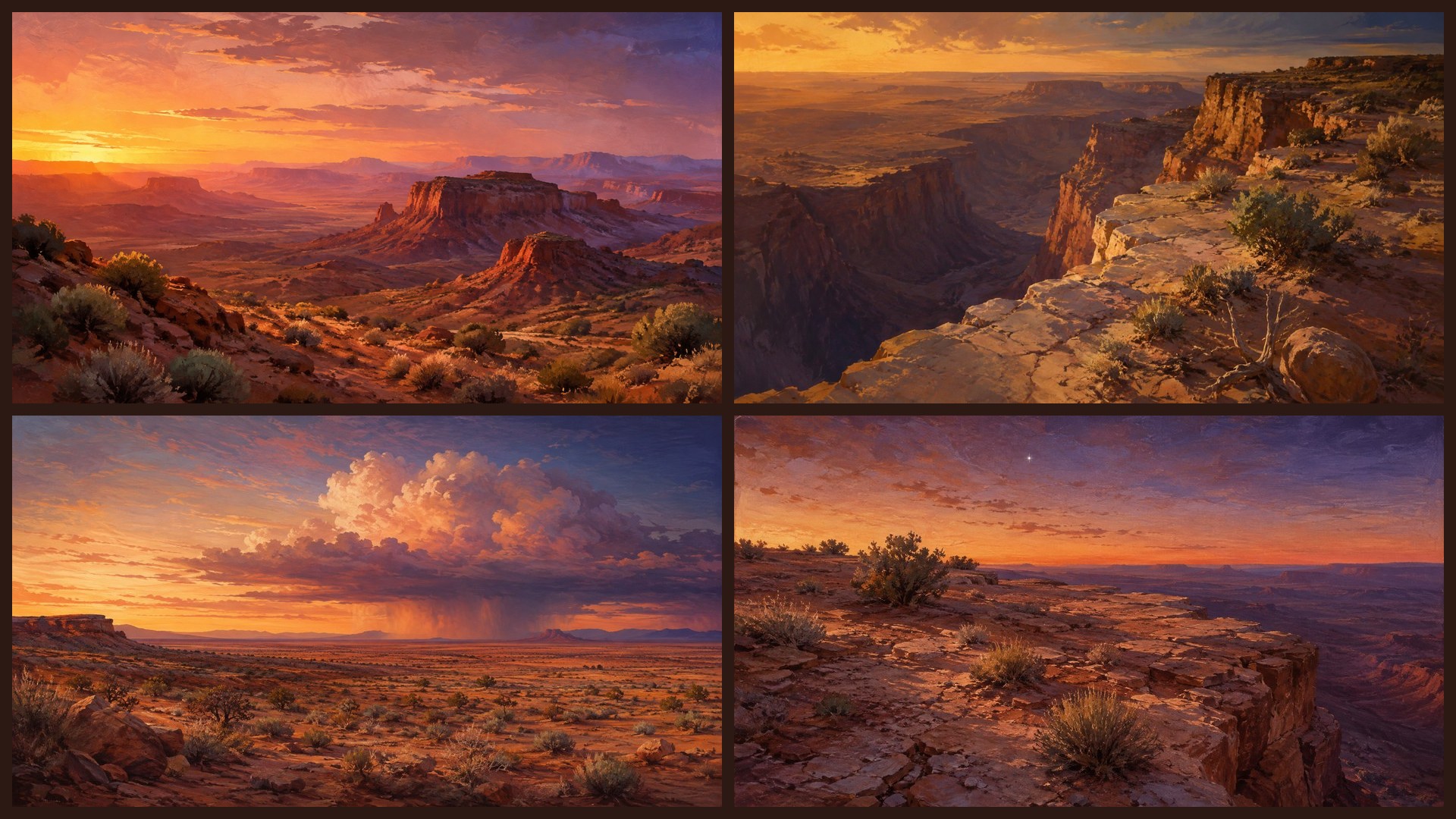 Four sample 4K wallpapers from 100 Desert & Canyon at Dusk 4K Wallpapers — Painterly Arid Landscape Aesthetic (Vol 33)
