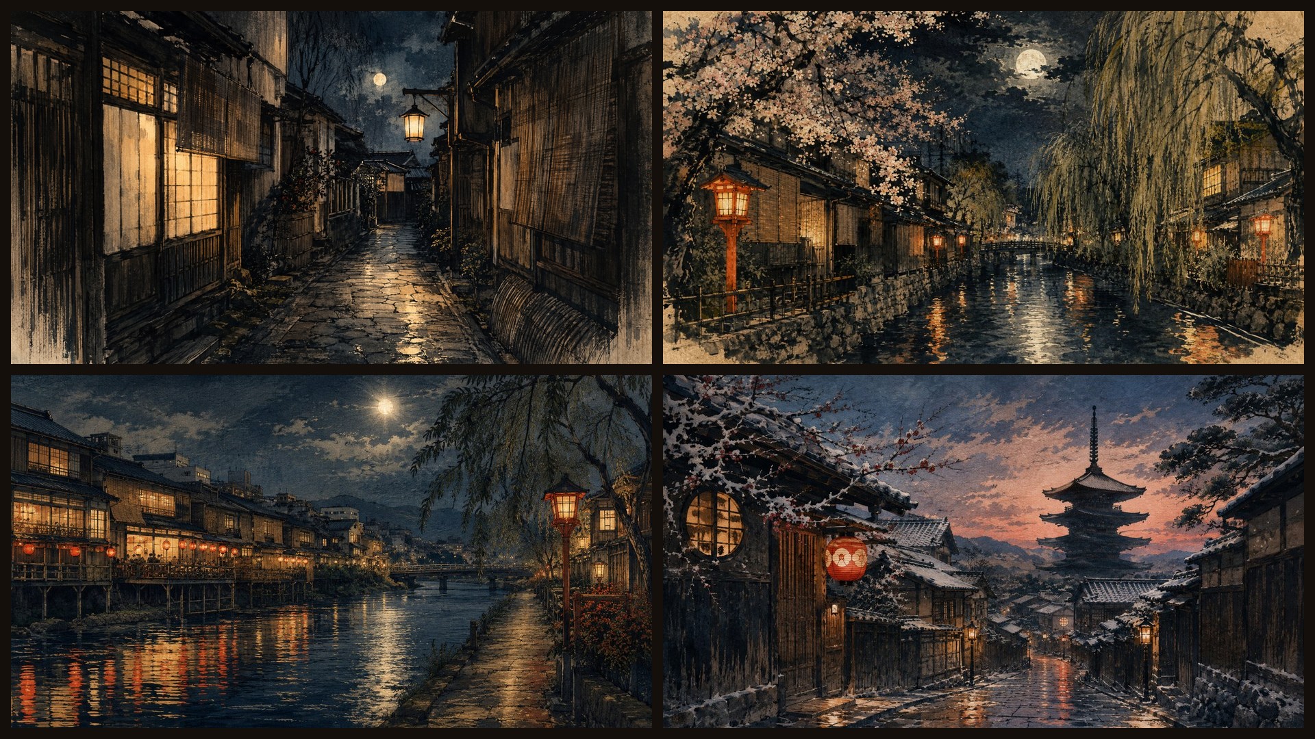 Four sample 4K wallpapers from 100 Kyoto Nights & Alleys 4K Wallpapers — Cozy Urban Japanese Painterly Aesthetic (Vol 12)