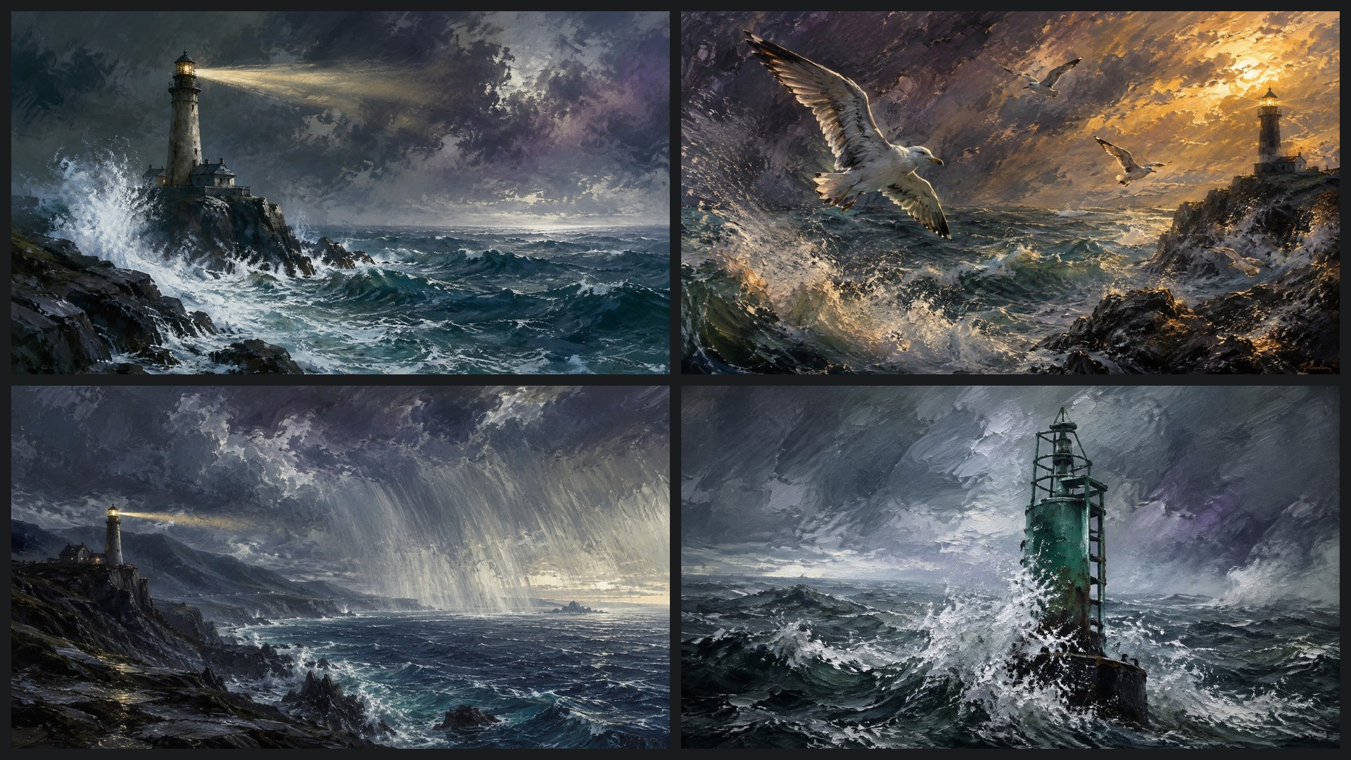 Four sample 4K wallpapers from 100 Lighthouse & Stormy Coast 4K Wallpapers — Painterly Dramatic Seascape (Vol 40)