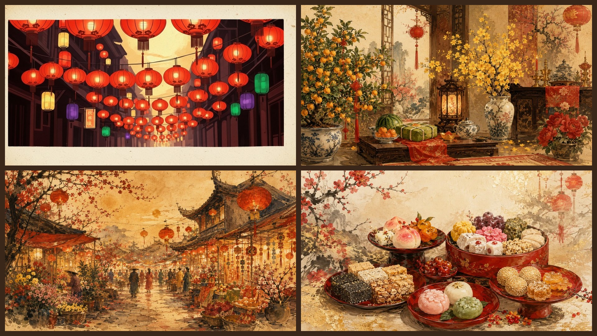 Four sample 4K wallpapers from 100 Lunar New Year 4K Wallpapers — Festive Asian Aesthetic (Vol 5)