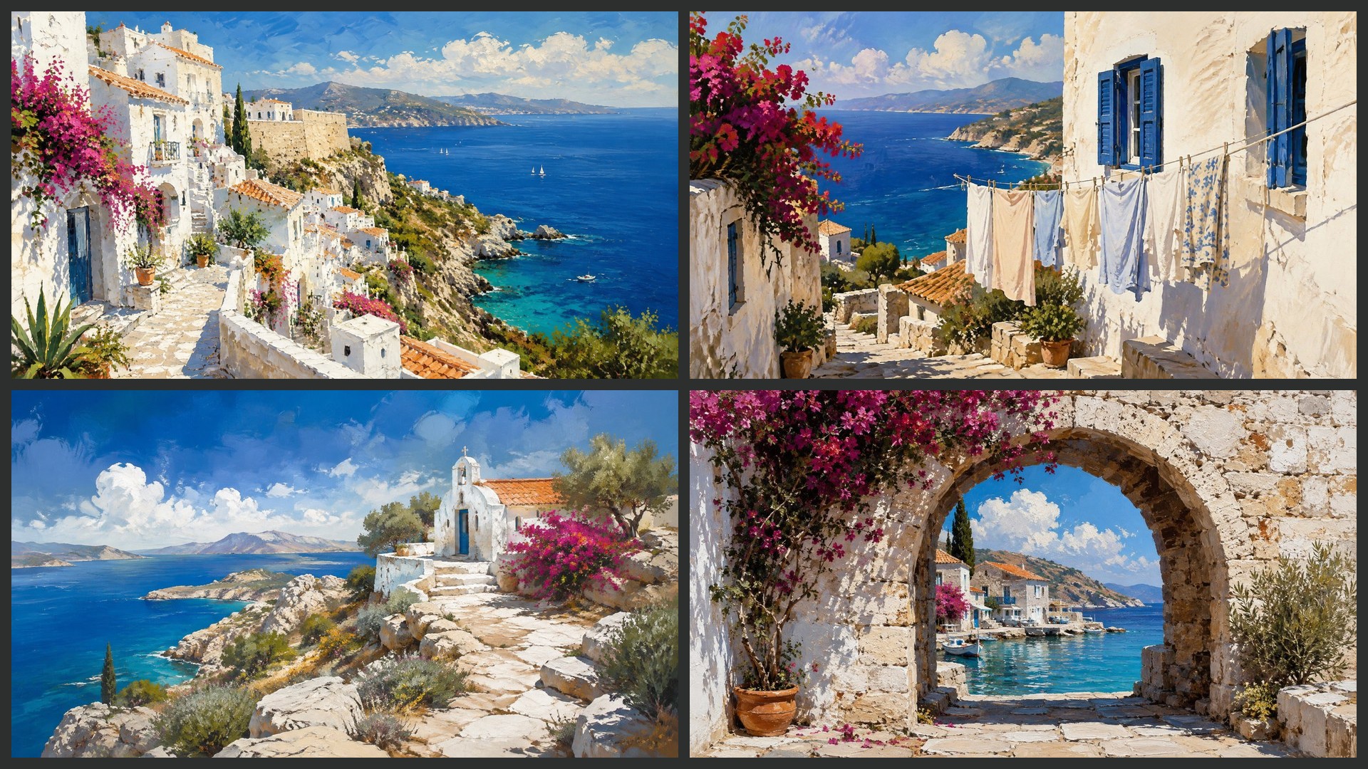 Four sample 4K wallpapers from 100 Mediterranean Coast 4K Wallpapers — Whitewashed Villages Painterly Aesthetic (Vol 36)