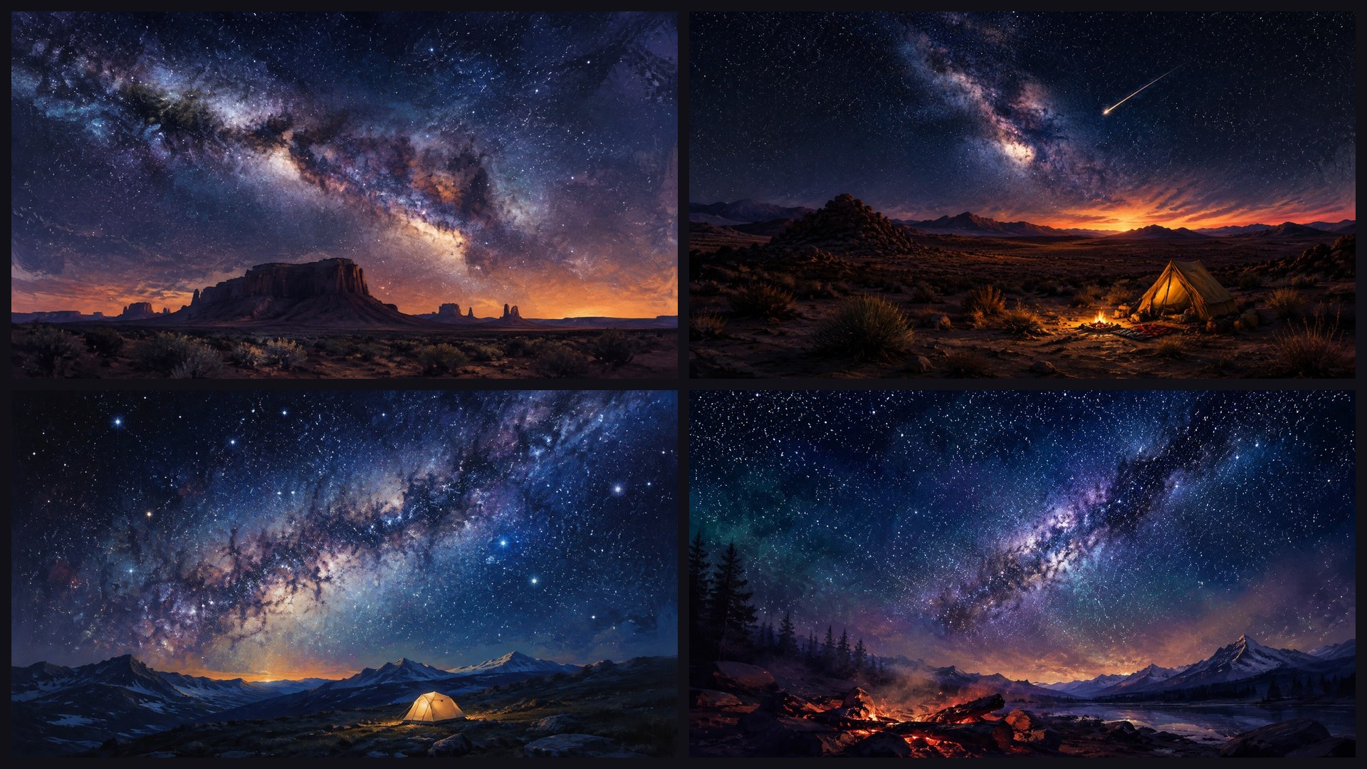 Four sample 4K wallpapers from 100 Milky Way & Starlit Nightscapes 4K Wallpapers — Painterly Astrophotography Aesthetic (Vol 51)