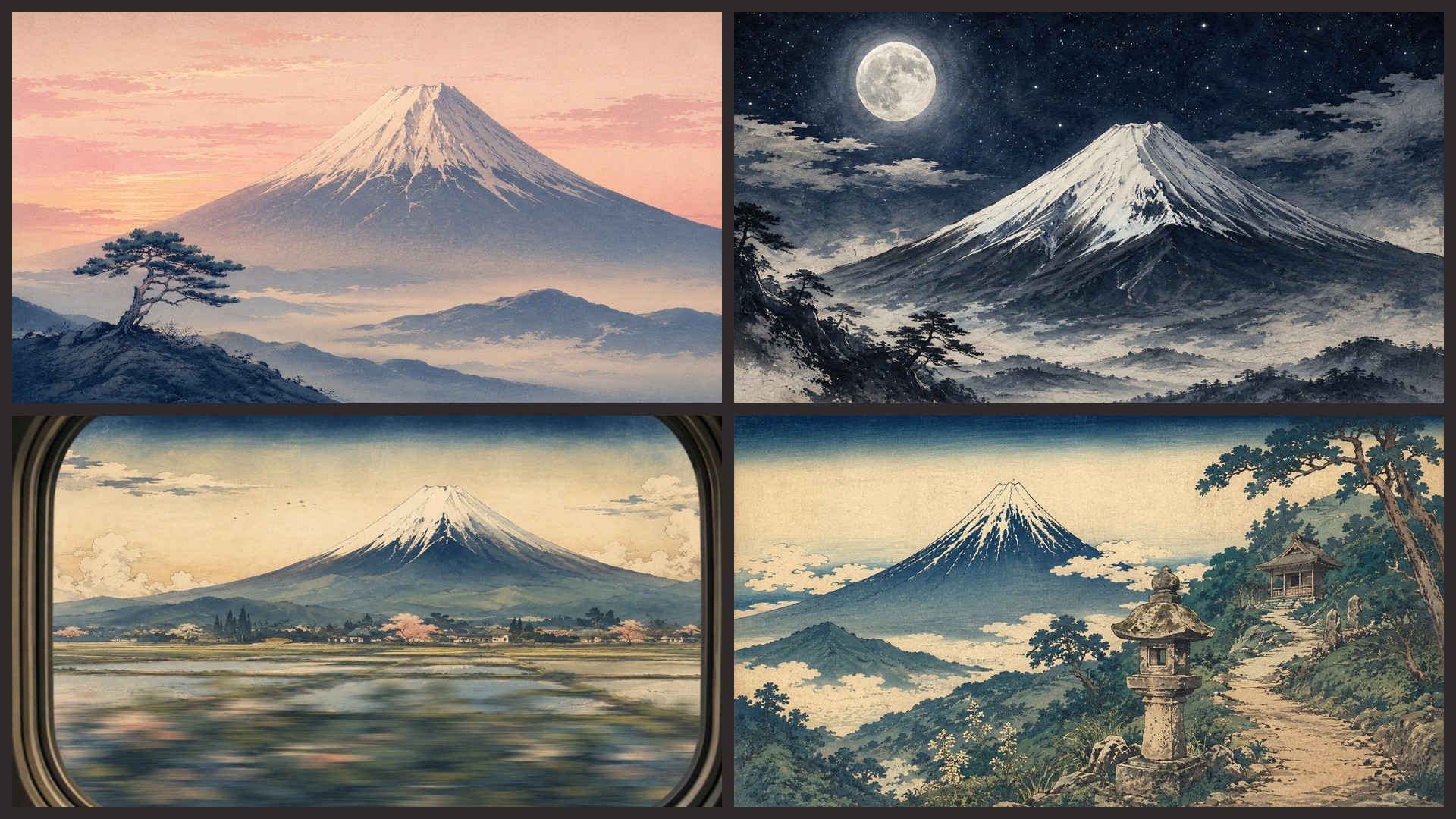 Four sample 4K wallpapers from 100 Mt Fuji Studies 4K Wallpapers — Iconic Japanese Mountain Painterly Aesthetic (Vol 9)
