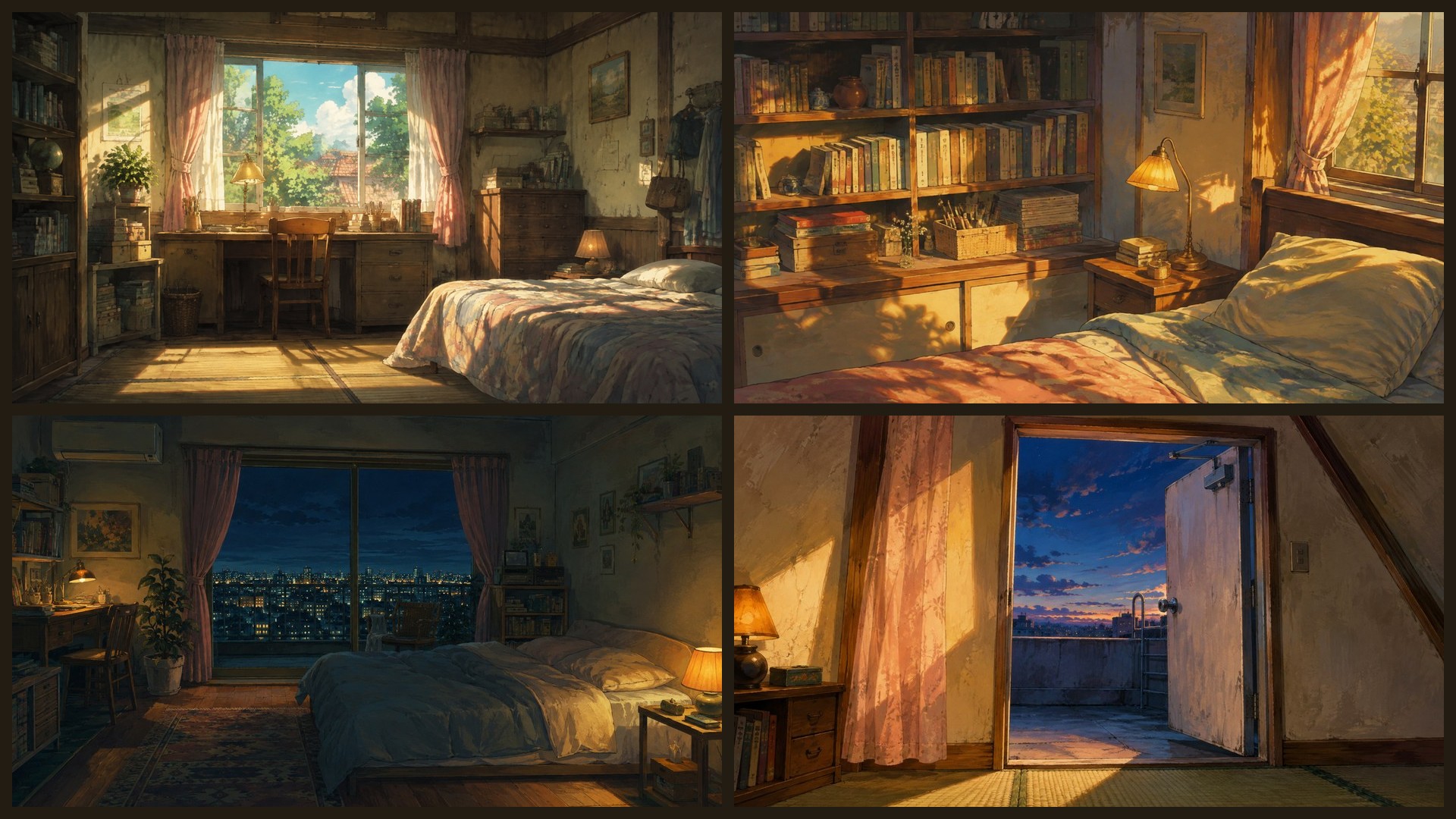 Four sample 4K wallpapers from 100 Nostalgic Anime Interiors 4K Wallpapers — Hand-Painted Cel Background Aesthetic (Vol 35)