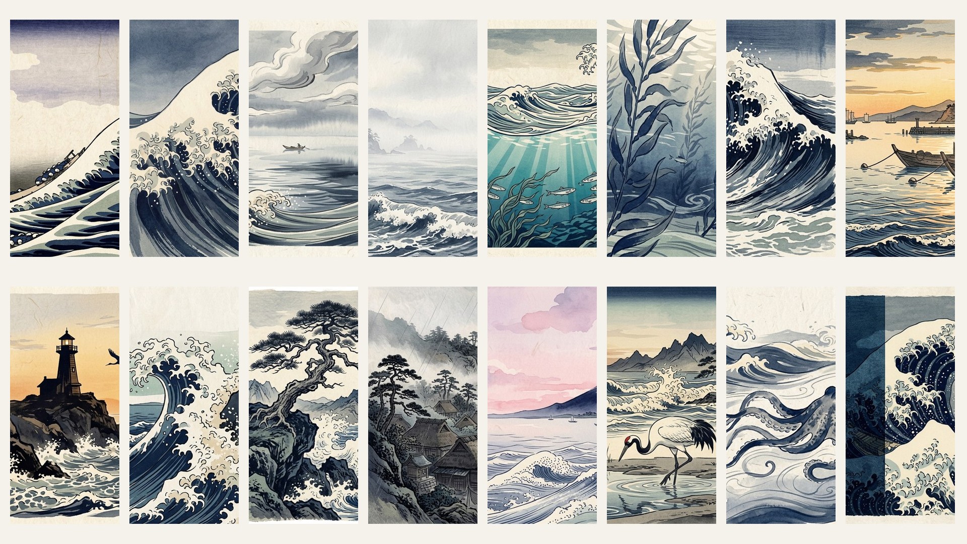 Four sample 4K wallpapers from 100 Ocean & Wave Mobile Wallpapers — Hokusai-Inspired (Vol 2 Mobile)