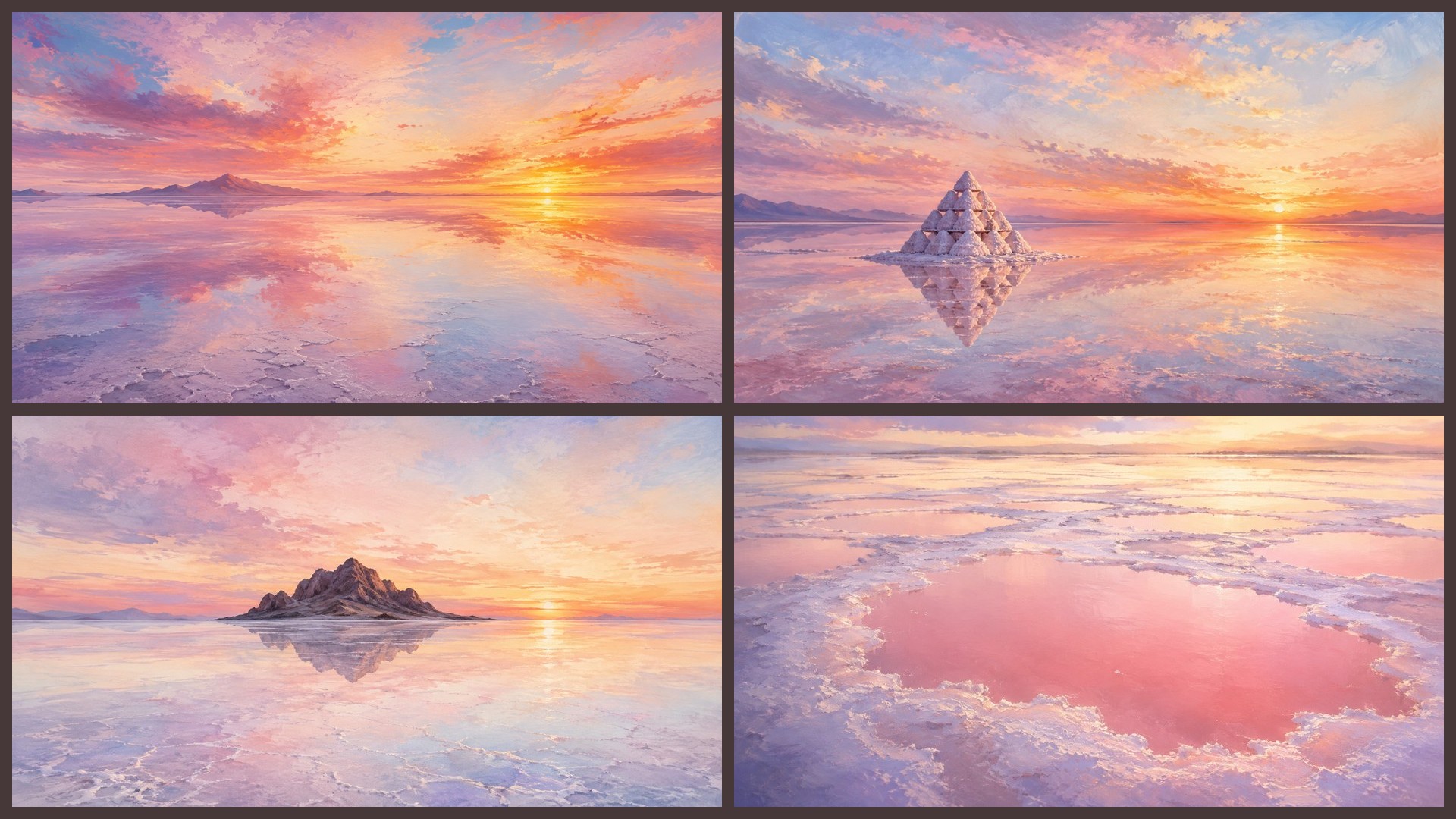 Four sample 4K wallpapers from 100 Salt Flats & Mirror Horizons 4K Wallpapers — Painterly Reflective Landscape Aesthetic (Vol 53)