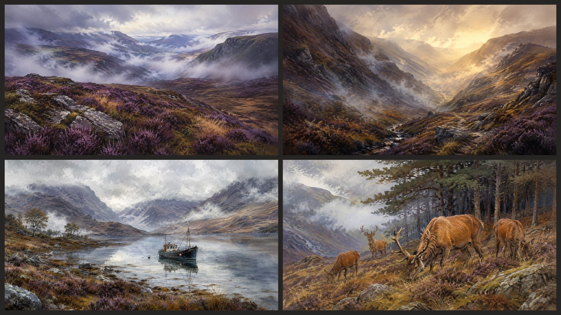 Four sample 4K wallpapers from 100 Scottish Highlands & Misty Moors 4K Wallpapers — Painterly Highland Aesthetic (Vol 52)