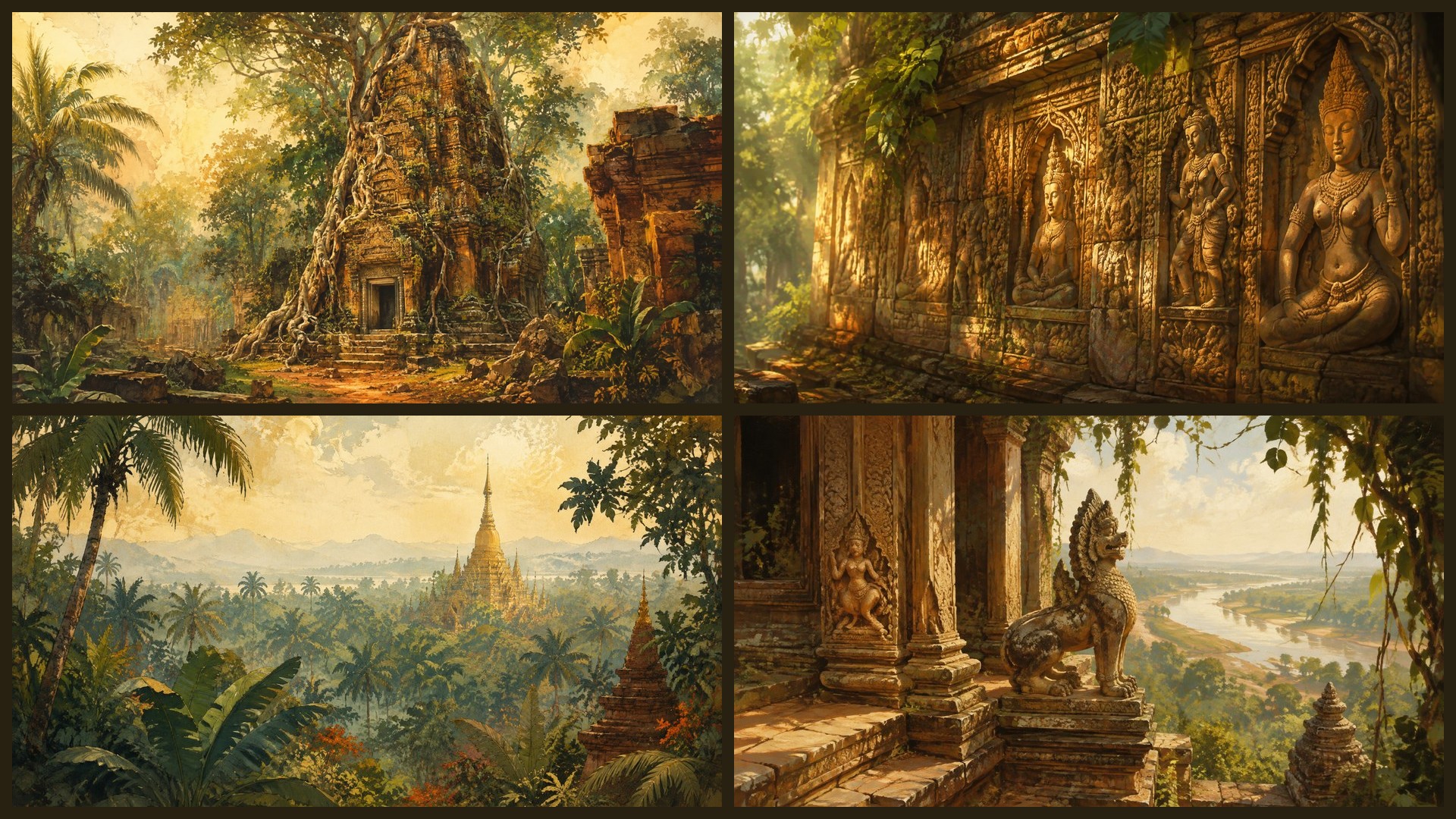 Four sample 4K wallpapers from 100 Southeast Asian Temples 4K Wallpapers — Painterly Thai and Khmer Heritage (Vol 31)