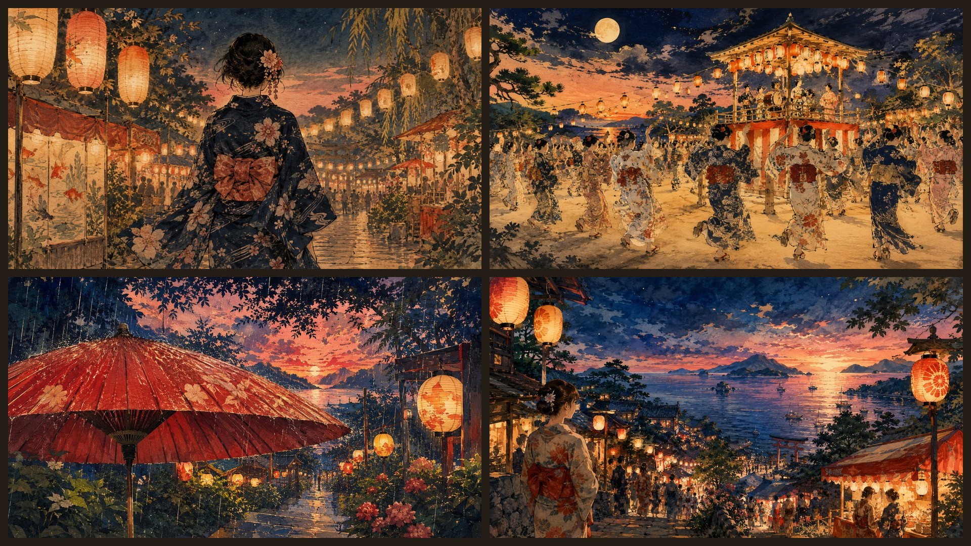 Four sample 4K wallpapers from 100 Summer Festival Matsuri 4K Wallpapers — Japanese Painterly Aesthetic (Vol 8)