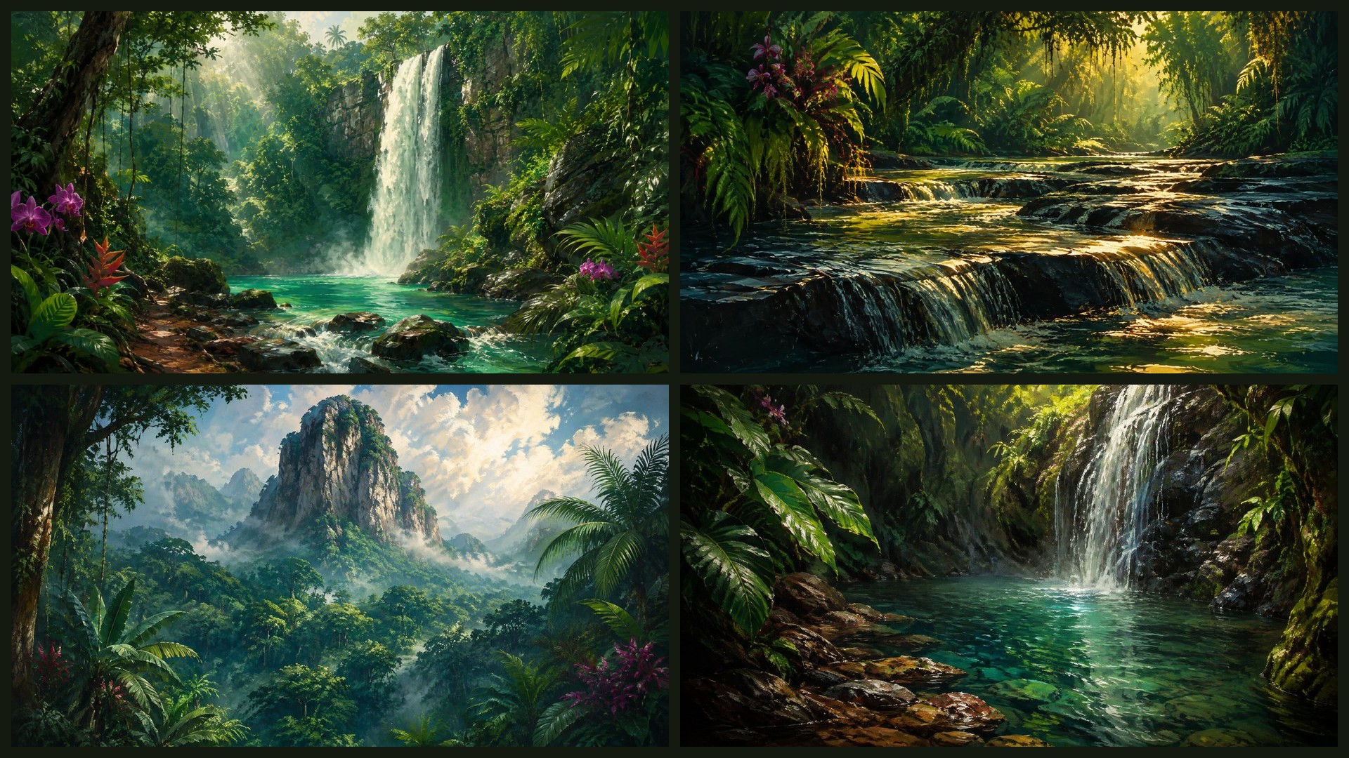Four sample 4K wallpapers from 100 Tropical Jungle & Waterfalls 4K Wallpapers — Painterly Rainforest Aesthetic (Vol 41)