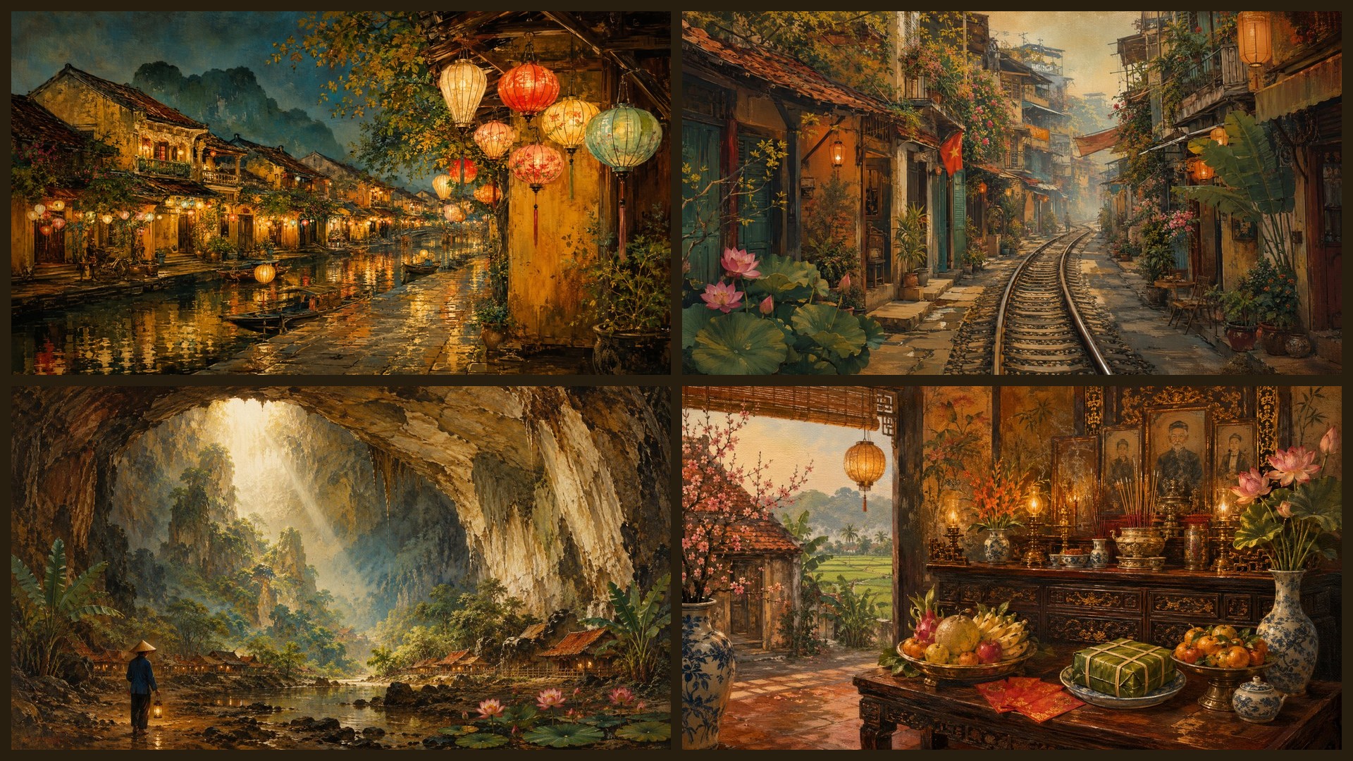Four sample 4K wallpapers from 100 Vietnamese Aesthetic 4K Wallpapers — Painterly Vietnam Landscape and Culture (Vol 26)