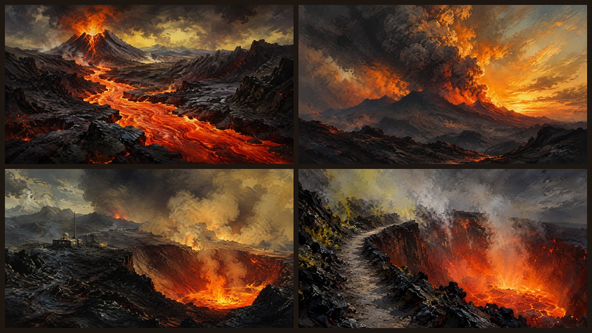 Four sample 4K wallpapers from 100 Volcanic Landscapes 4K Wallpapers — Painterly Molten Earth Aesthetic (Vol 54)