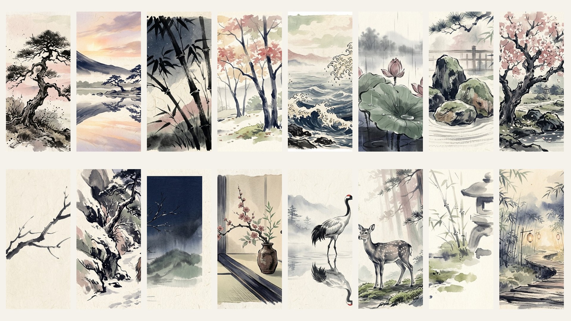 Four sample 4K wallpapers from 90 Wabi-Sabi Mobile Wallpapers — Japanese Minimalist Aesthetic (iPhone & Android)